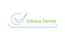 Logotipo de "Clínica Dental", verde y azul dentro de una forma redondeada, con texto.