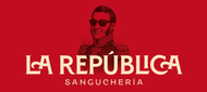 Logotipo para "La Rep&uacute;blica Sanguchear&iacute;a" con fondo rojo y retrato de una persona con gafas de sol.