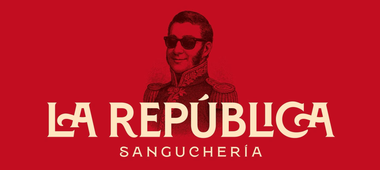 Logotipo para "La Rep&uacute;blica Sanguchear&iacute;a" con fondo rojo y retrato de una persona con gafas de sol.