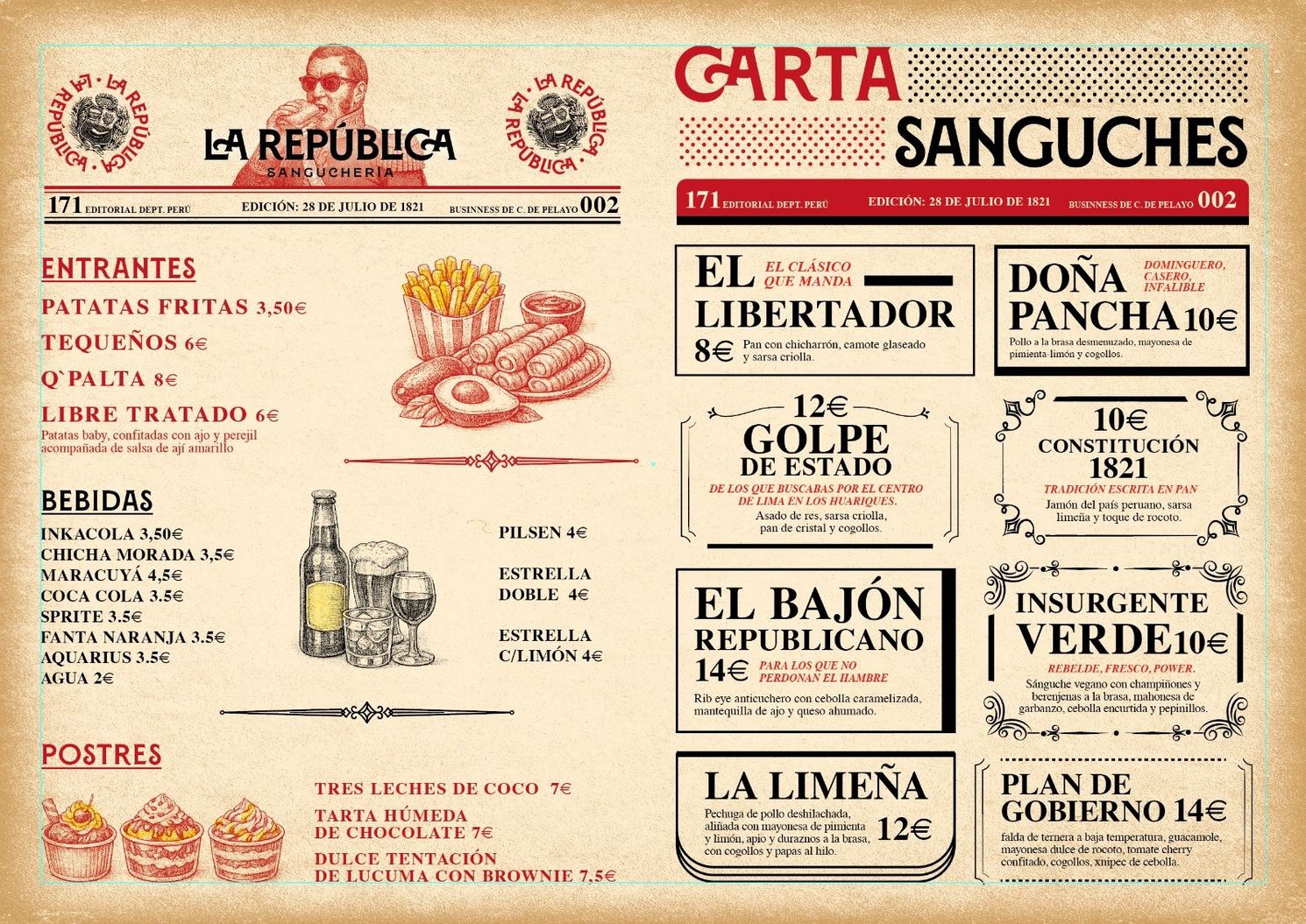 Menú con sándwiches y bebidas, con ilustración en rojo de un personaje histórico.