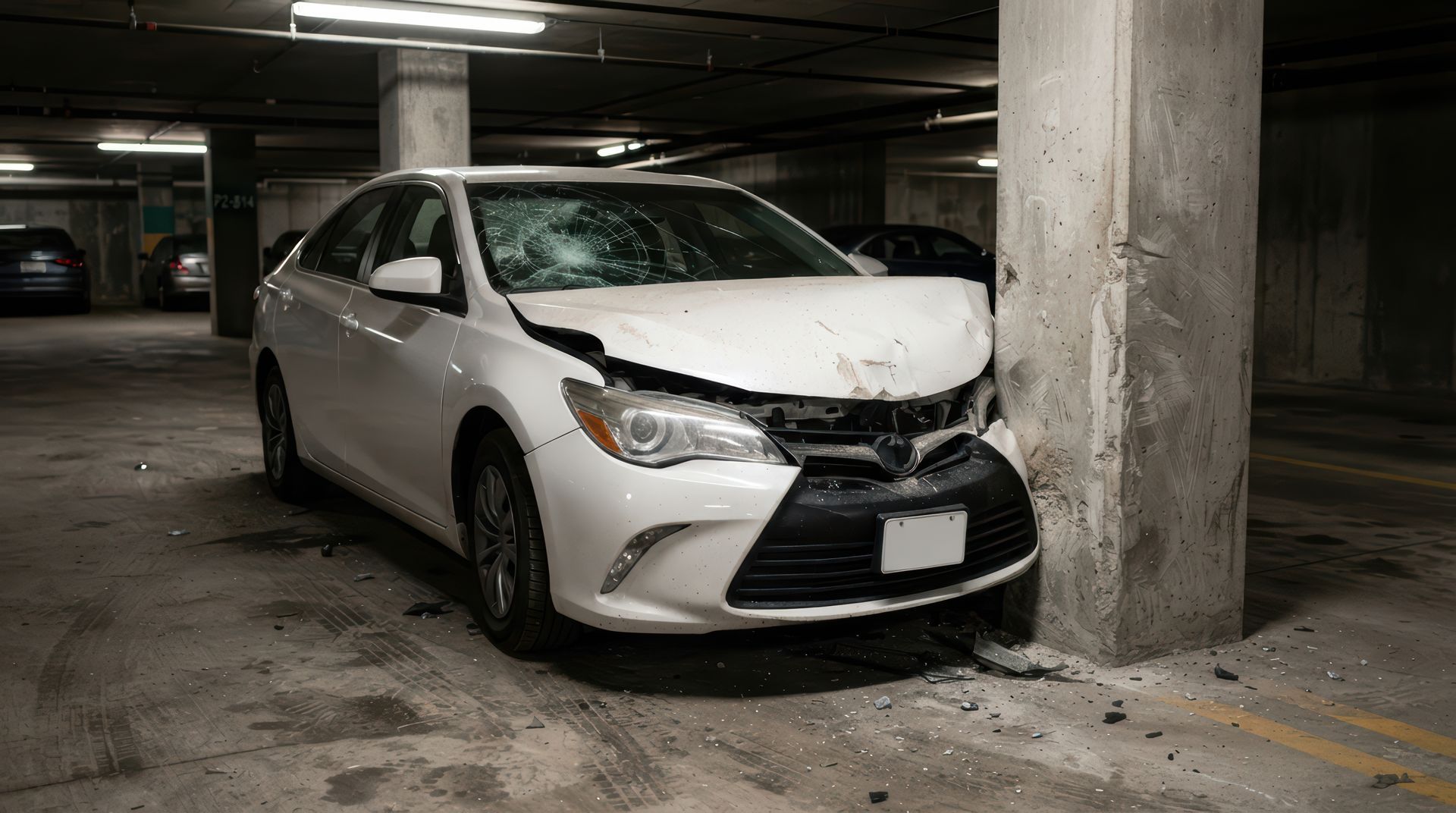 Berline blanche avec l'avant endommagé, garée dans un garage en béton faiblement éclairé.