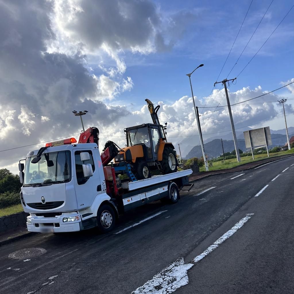 Camion plateau transportant une petite excavatrice sur une route sous un ciel nuageux