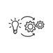 Icon einer Glühbirne und zwei Pfeilen die zu Zahnrädern weisen