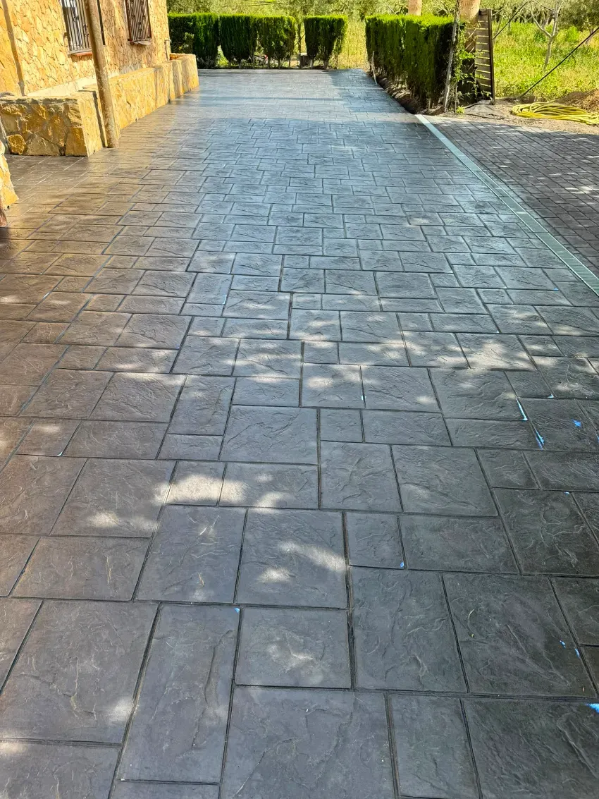 Camino de entrada o sendero empedrado junto a una casa, con setos y zonas de sombra.