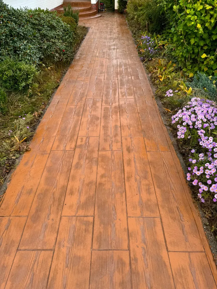 Sendero de madera en el jardín bordeado de arbustos verdes y flores moradas.