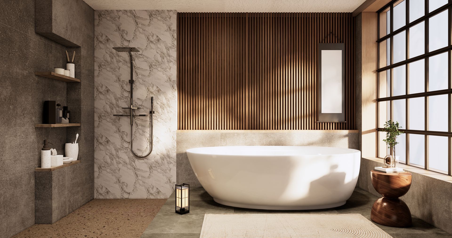 Salle de bains moderne beige avec baignoire, douche, toilettes, lavabo sur pied et grand miroir