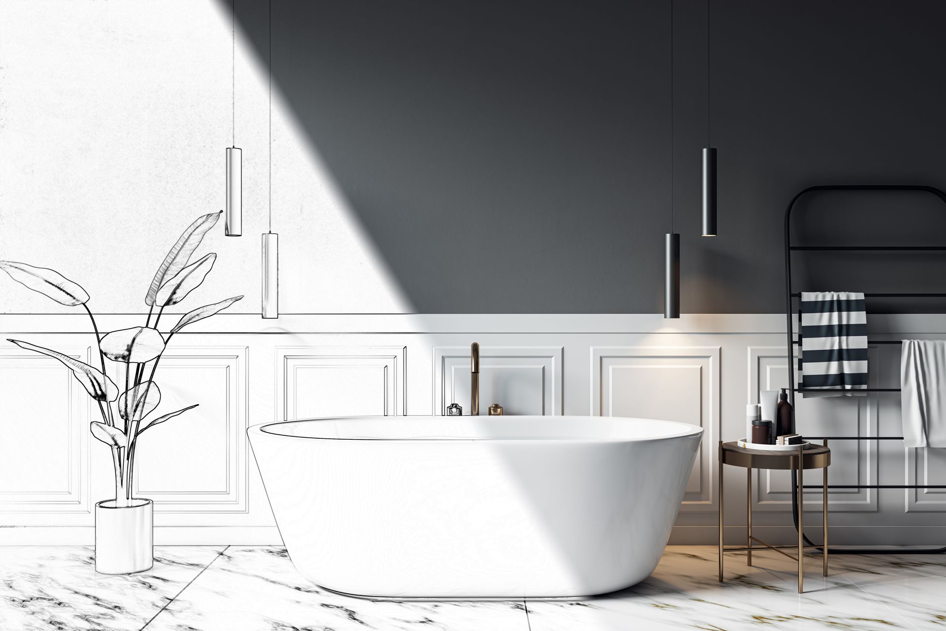 Salle de bains moderne blanche avec baignoire îlot, plante et touches de noir baignées de soleil