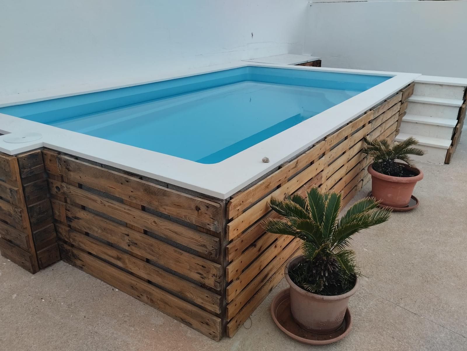 Pequeña piscina elevada con agua azul y revestimiento de madera en un patio, con plantas en macetas cerca.