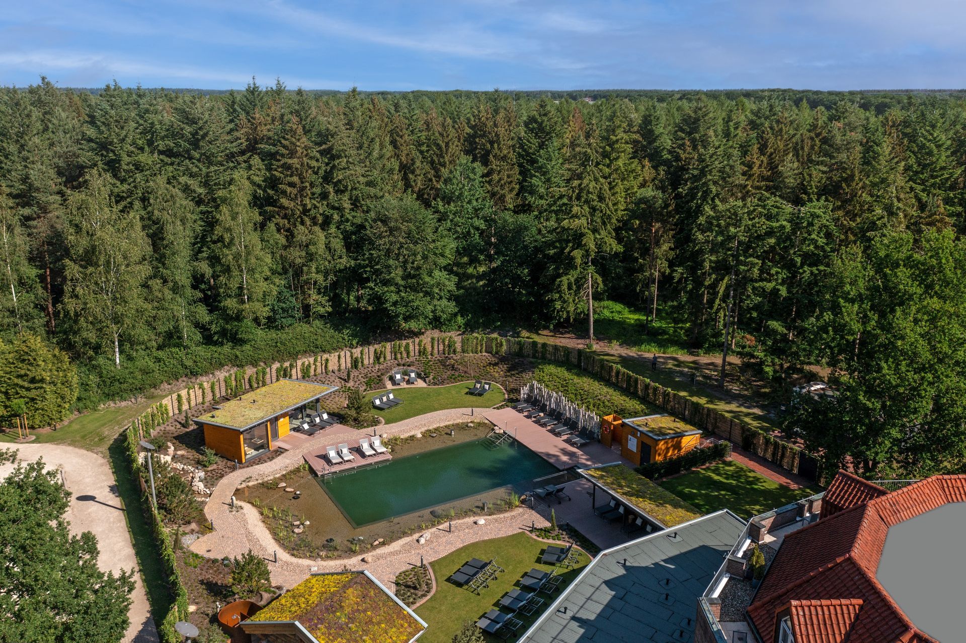 Luftaufnahme eines rechteckigen Freibads, umgeben von einer Terrasse, einem Rasen und einem dichten grünen Wald.