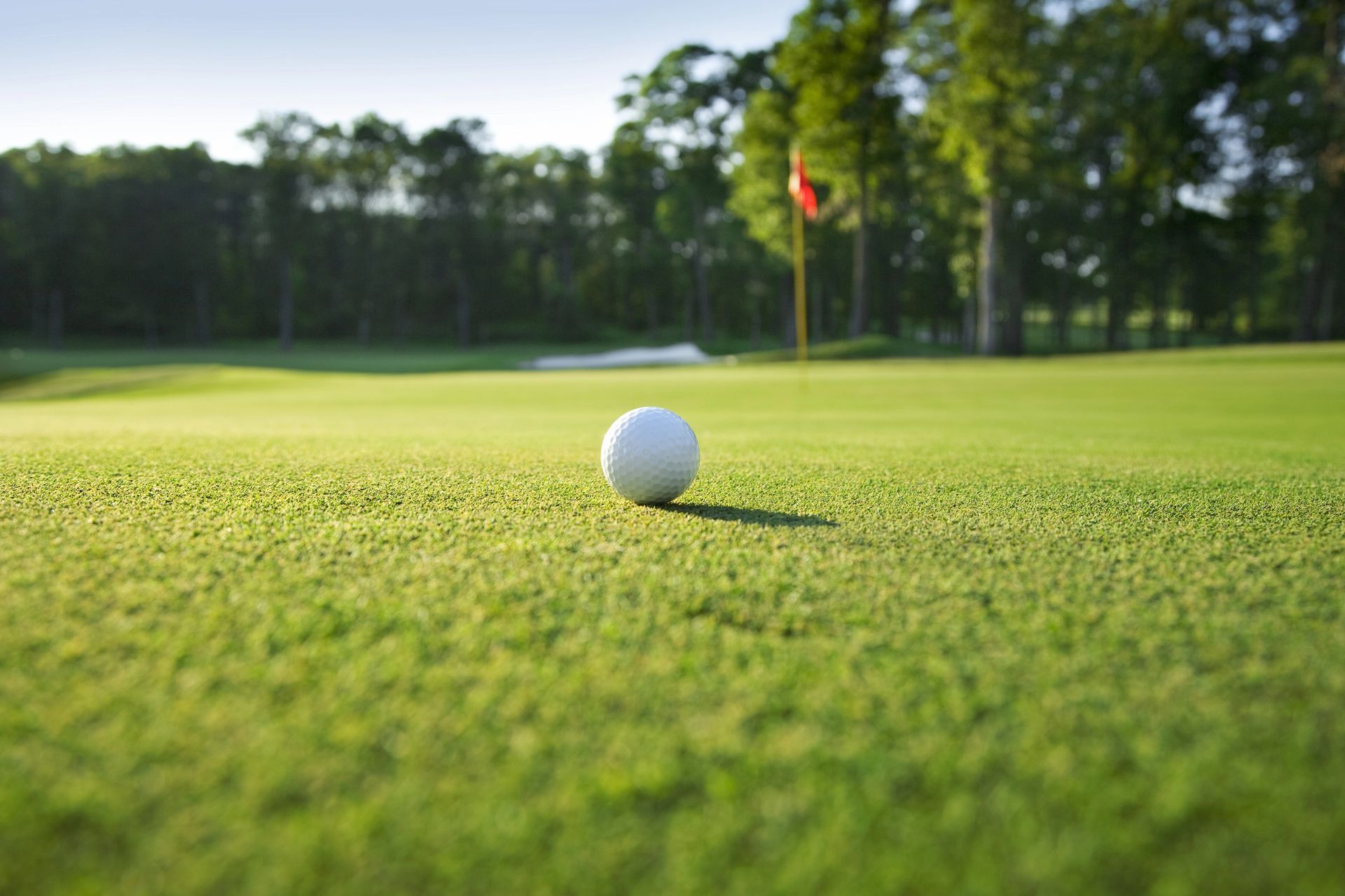 A white golf ball lies on a lush green putting green; in the distance, a red flag marks the hole.