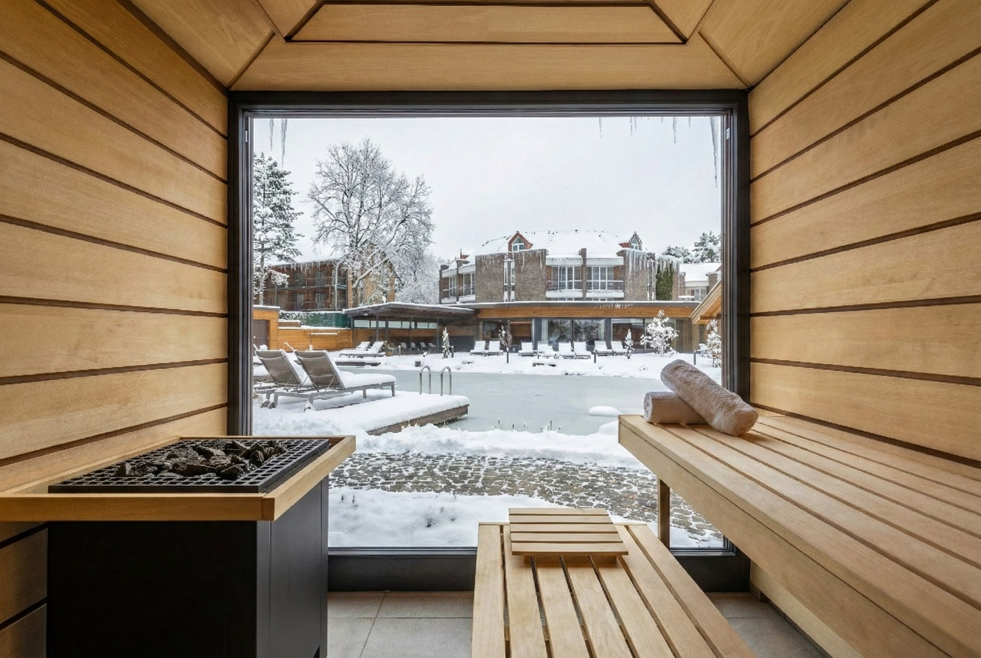 A wooden sauna with a large glass window offering a view of a snow-covered outdoor pool and the surrounding buildings.
