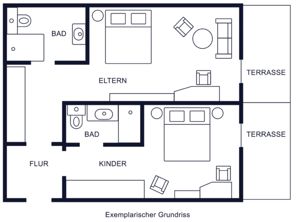 Grundriss von zwei Hotelzimmern, jeweils mit eigenem Bad, Schlafbereich, Schreibtisch, Sitzgelegenheiten und Zugang zu einer Terrasse.