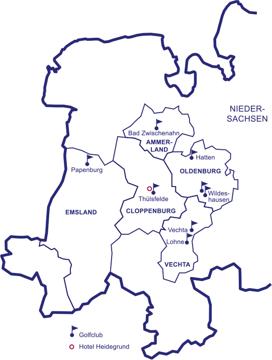 Karte von Niedersachsen mit Standorten von Golfclubs und dem Hotel Heidegrund in den Regionen Ammerland, Cloppenburg und Vechta.