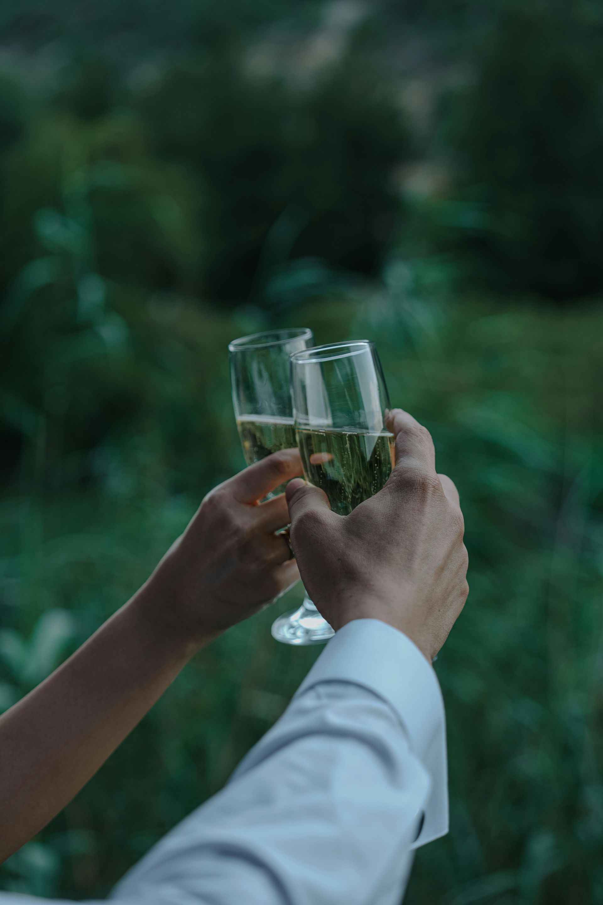 Zwei Personen in weißen Ärmeln stoßen mit Champagnergläsern vor einem verschwommenen grünen Hintergrund im Freien an.