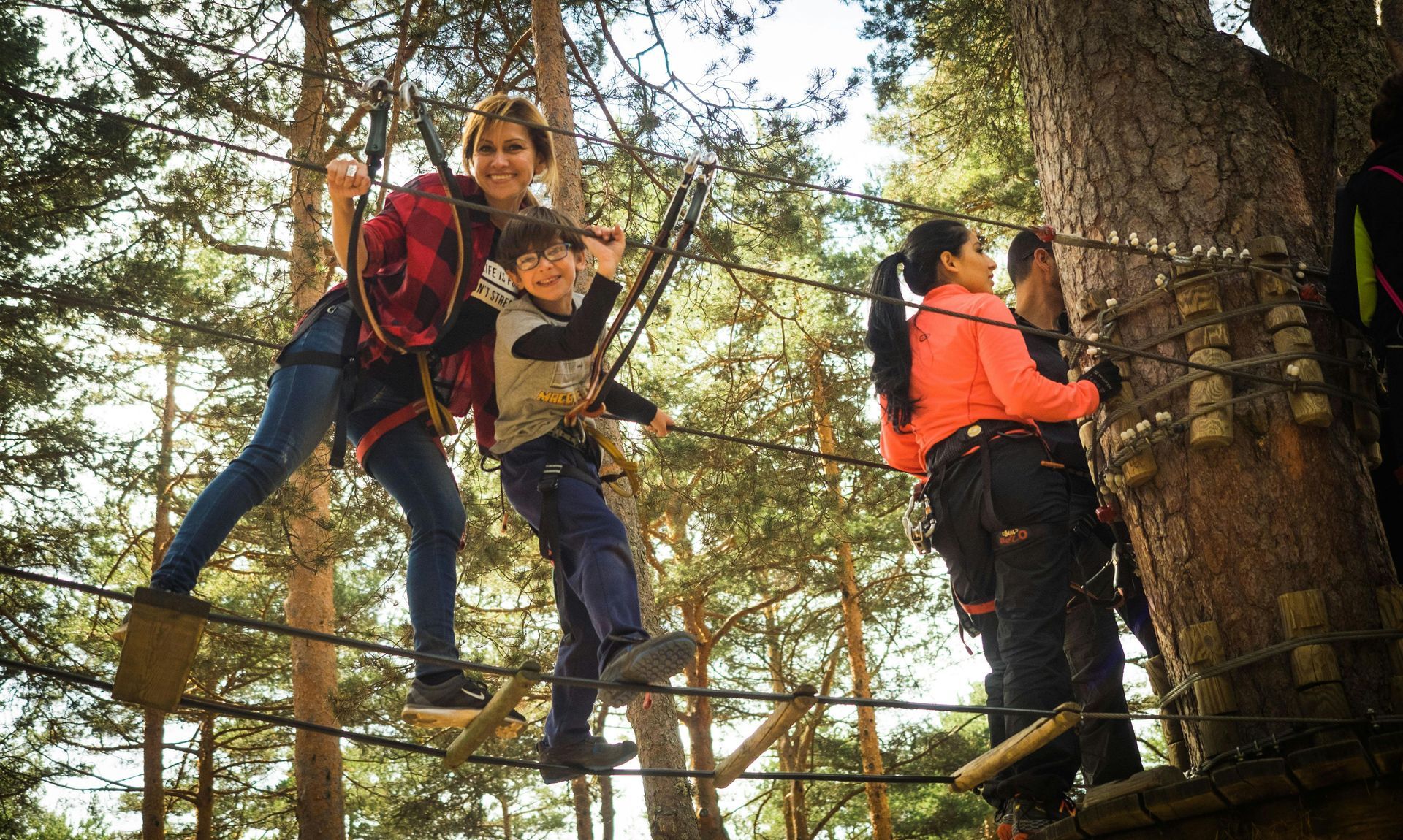 People wearing seat belts smile as they navigate a high ropes course among the pine trees, crossing rope bridges along the way.