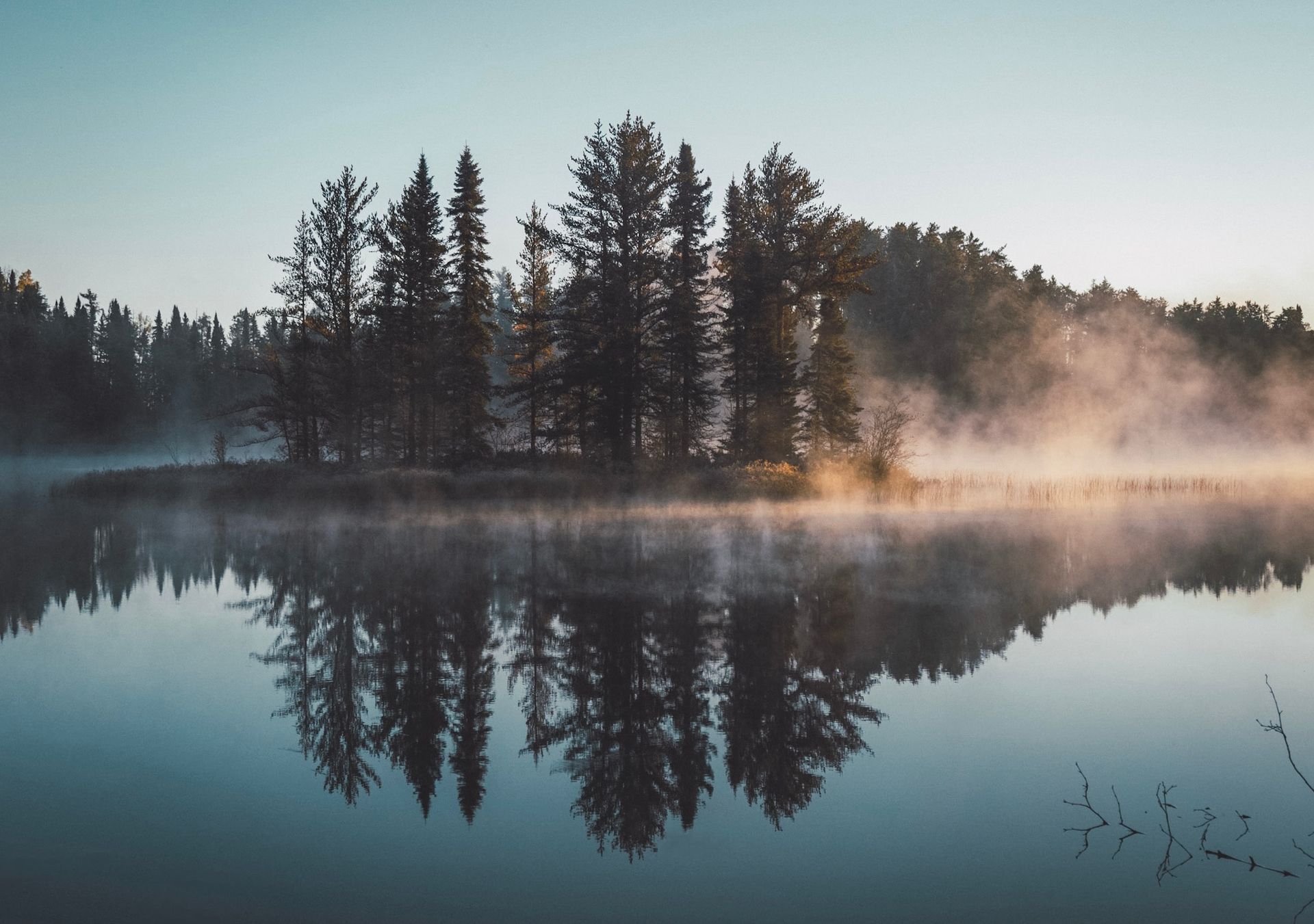 Eine kleine, baumbewachsene Insel liegt in einem ruhigen See, spiegelt sich im Wasser und ist von einem sanften, nebligen Morgenlicht umgeben.