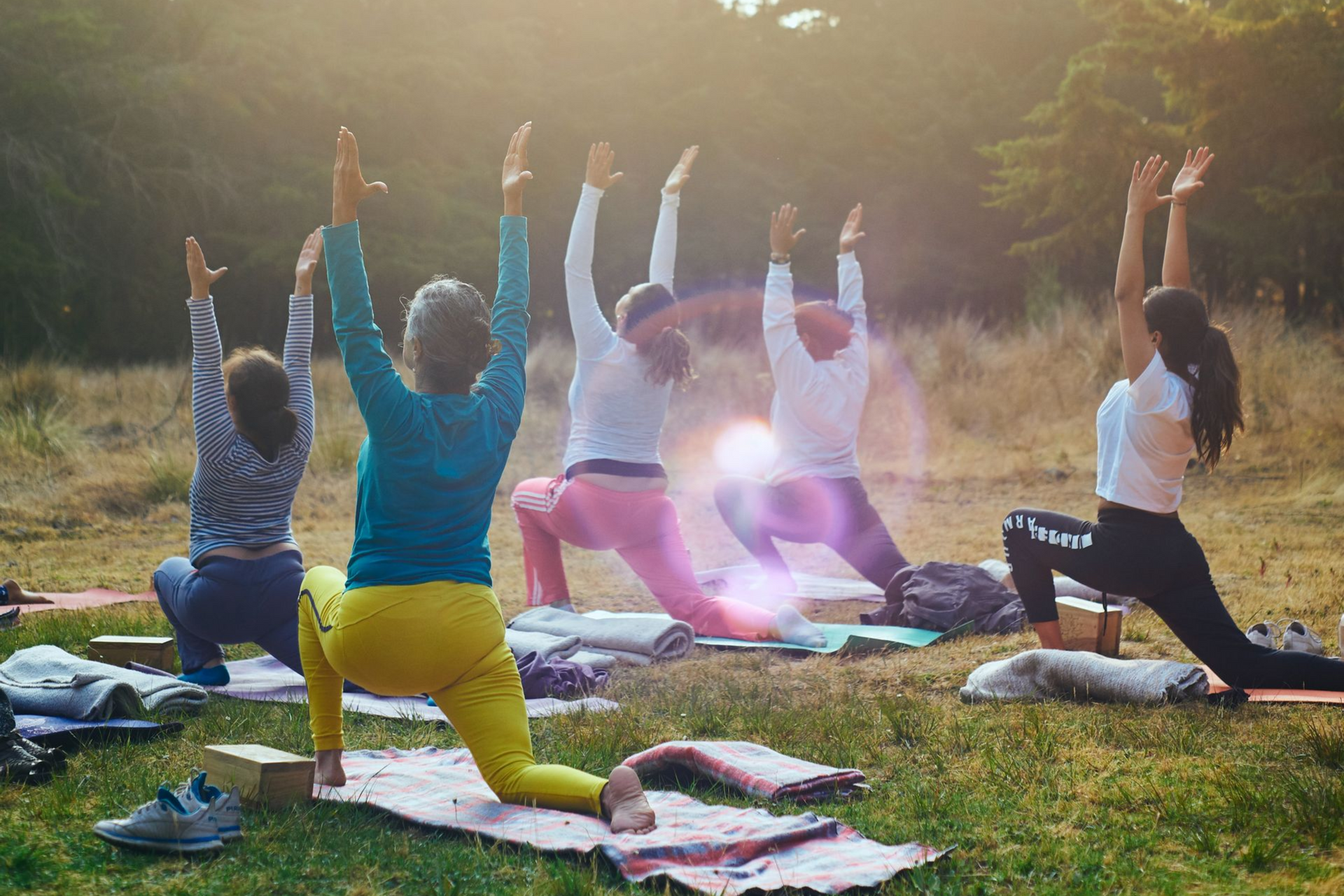 Fünf Personen in Yoga-Posen mit erhobenen Armen auf einer sonnigen, grasbewachsenen Wiese.