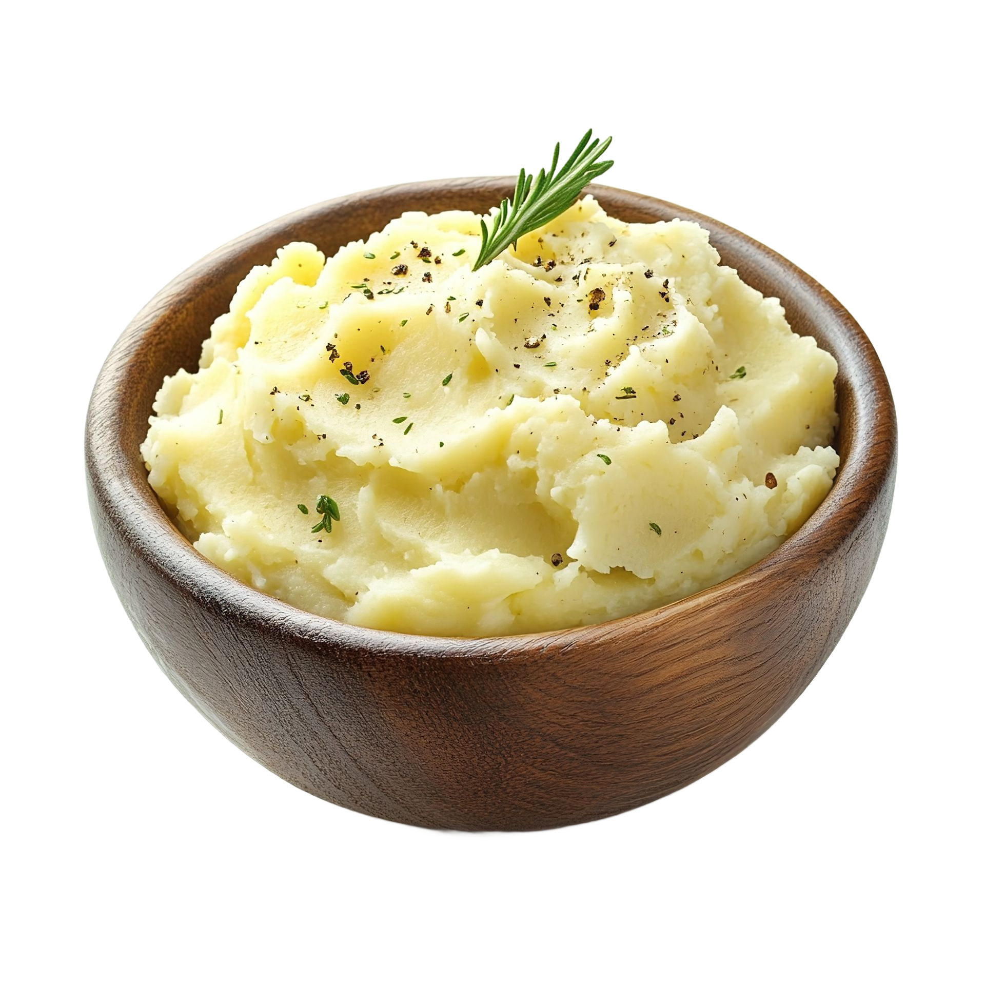 Bol de purée de pommes de terre garni de poivre et d'une branche de romarin