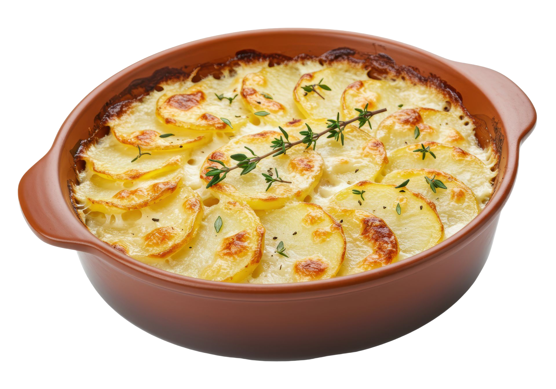Gratin de pommes de terre au four dans un plat à gratin brun, garni d'herbes et de fromage doré.
