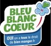 Logo de campagne français avec texte vert et bleu, une fleur et le slogan « On a tous le droit de bien manger. »