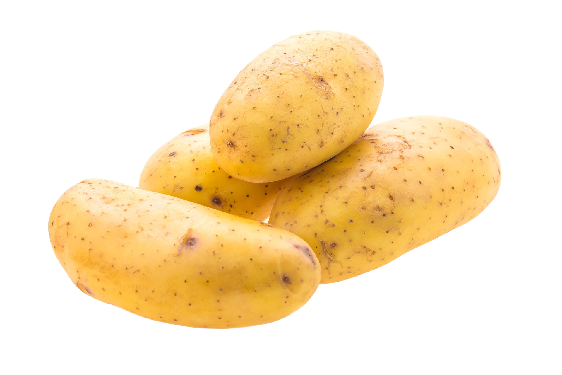 Trois pommes de terre jaunes à la peau tachetée sur fond blanc
