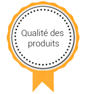 Badge orange et blanc avec le texte « Qualité des produits » entouré d’étoiles.