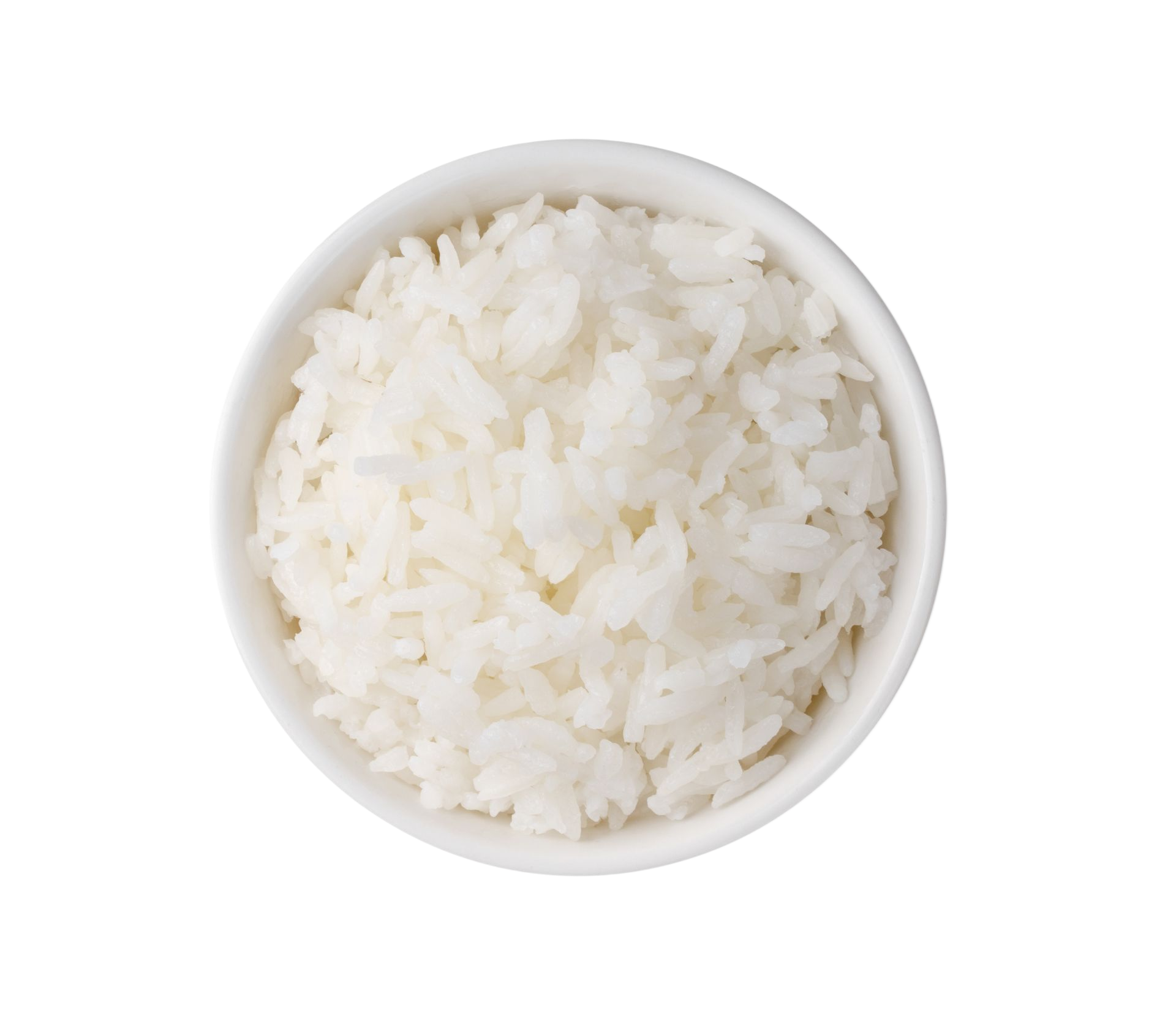 Bol de riz blanc cuit à la vapeur sur fond blanc