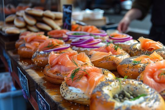 Assortiment de bagels garnis de saumon fumé, de fromage à la crème, d'oignon