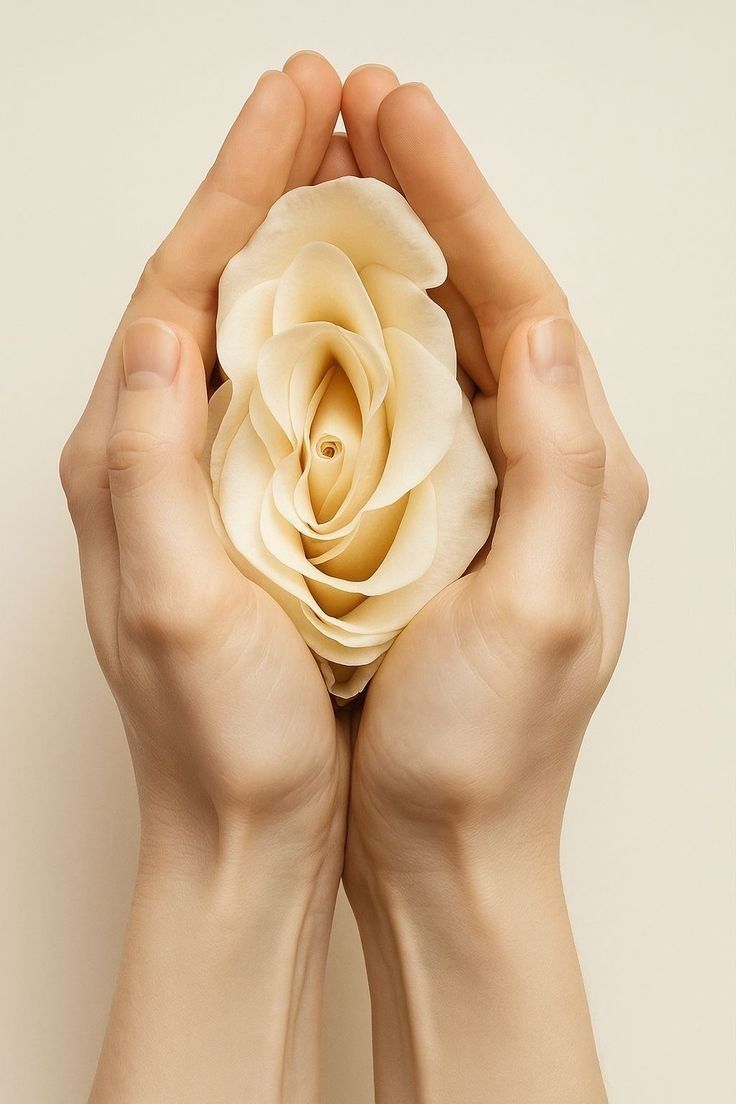 Dos manos ahuecadas sostienen una flor de color claro y con varias capas, parecida a una rosa, sobre un fondo liso.