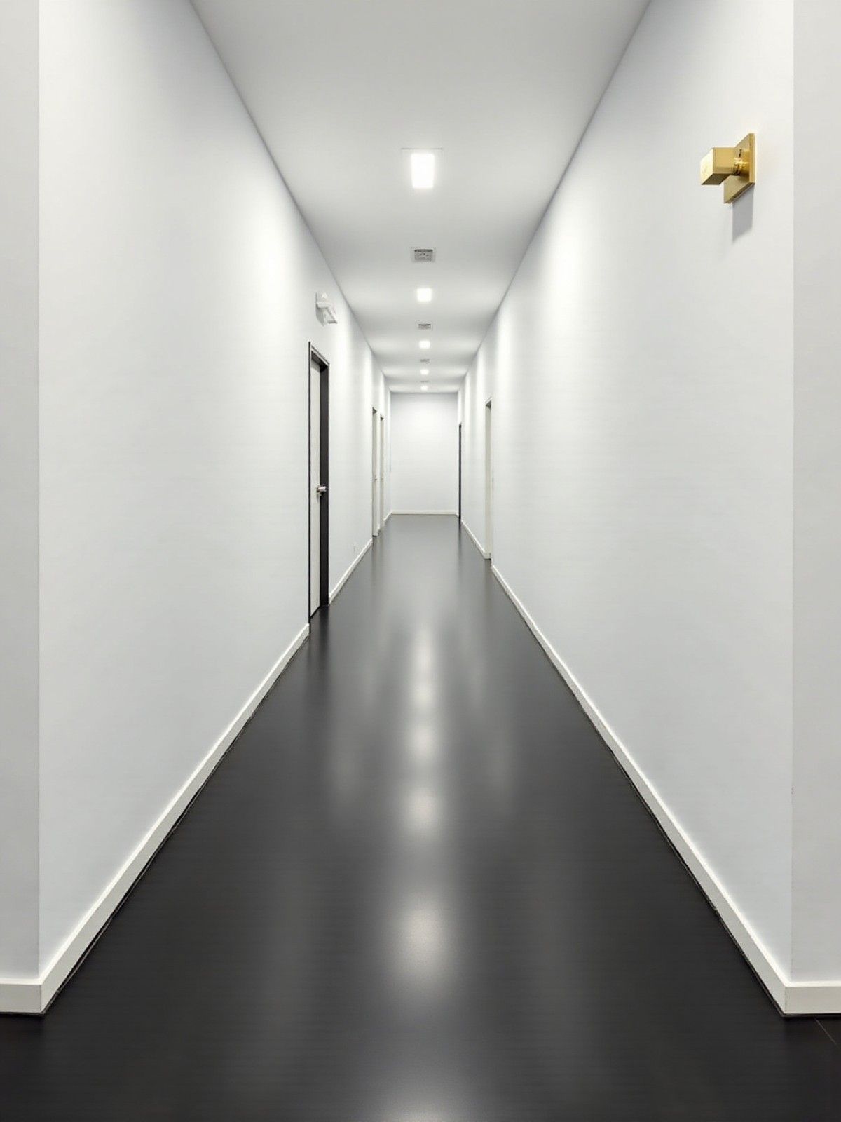 Un pasillo largo y estrecho con paredes blancas, suelo oscuro, luces empotradas en el techo y varias puertas a los lados.