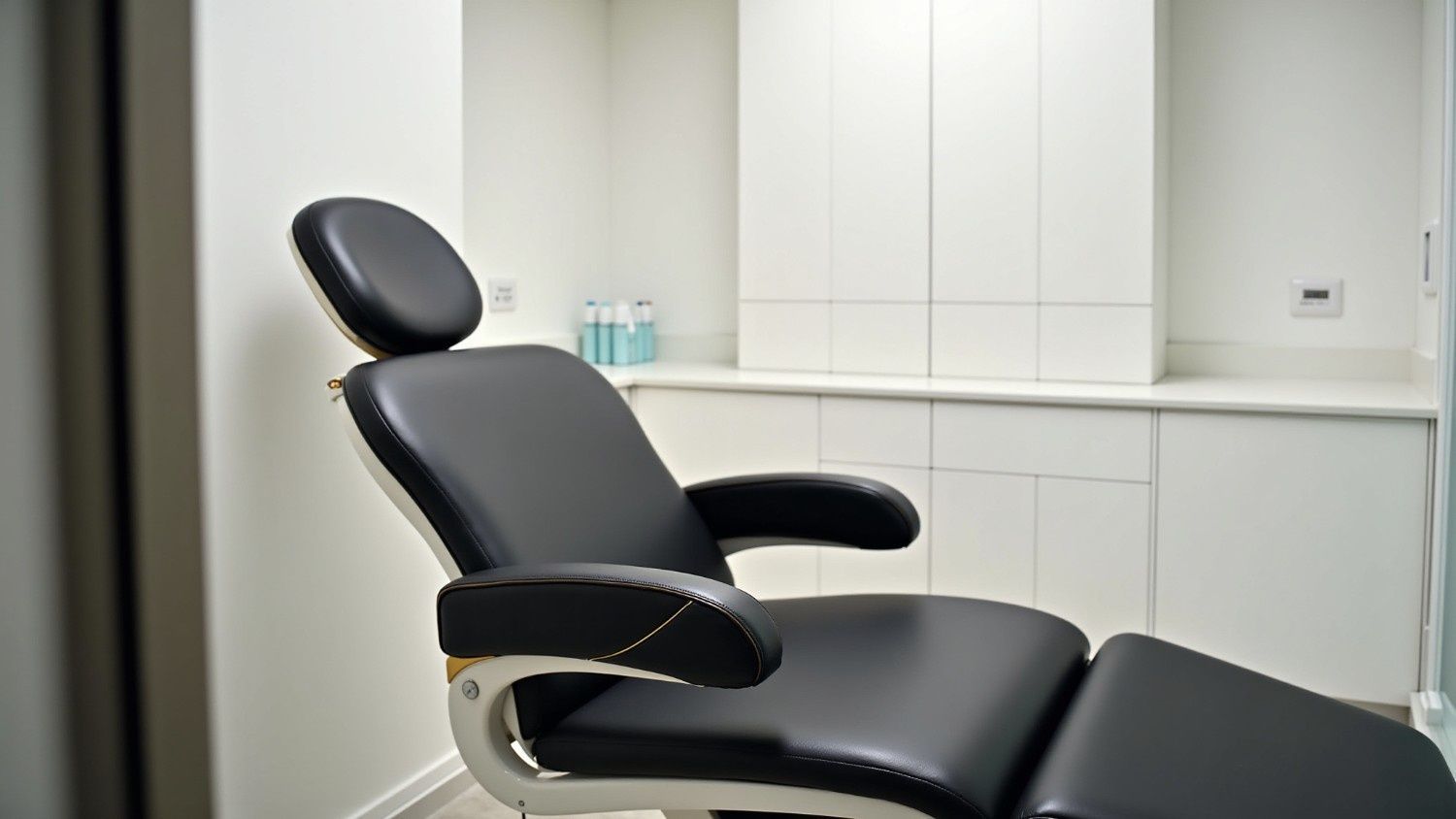 Un sillón reclinable negro ajustable en una sala de tratamiento clínica blanca e impoluta con armarios empotrados.