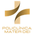 Logotipo de la Policlínica Mater Dei que presenta una cruz dorada estilizada con secciones curvas