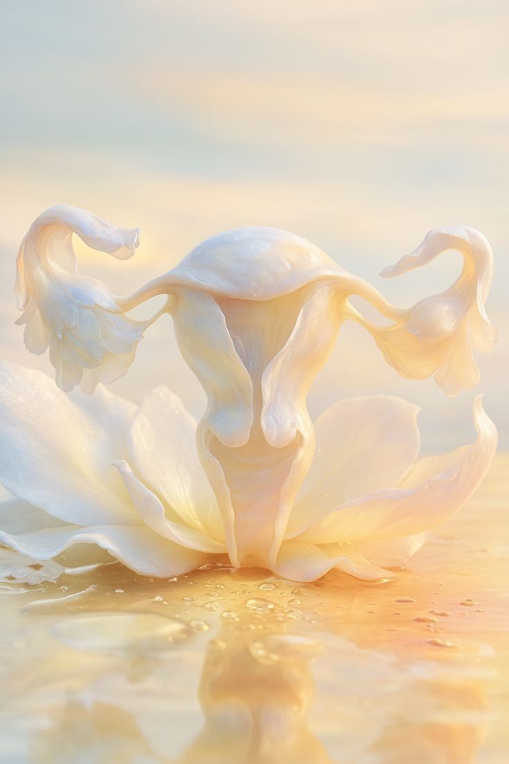 Una escultura pálida, de aspecto orgánico, con forma de útero humano, que reposa entre los pétalos de una flor blanca.