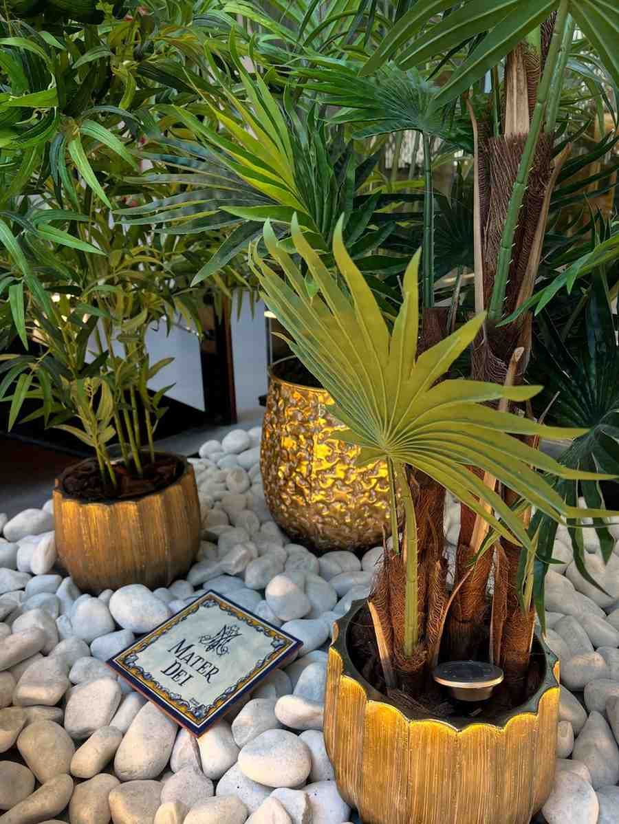 Palmeras en macetas con jardineras de textura dorada dispuestas entre piedras decorativas blancas en el suelo.