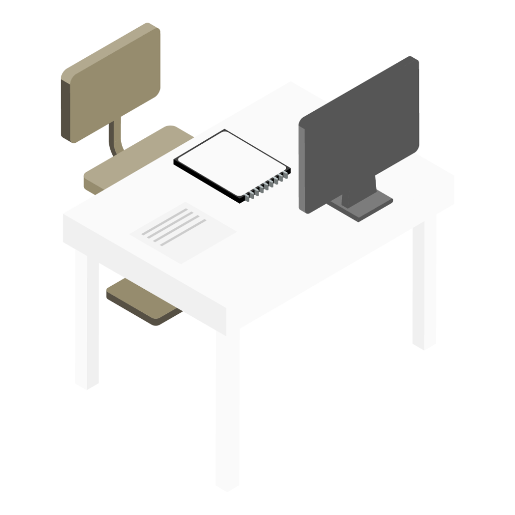 Vista isométrica de un escritorio blanco con un monitor oscuro, un cuaderno cerrado, una pequeña pila de papeles y una silla.