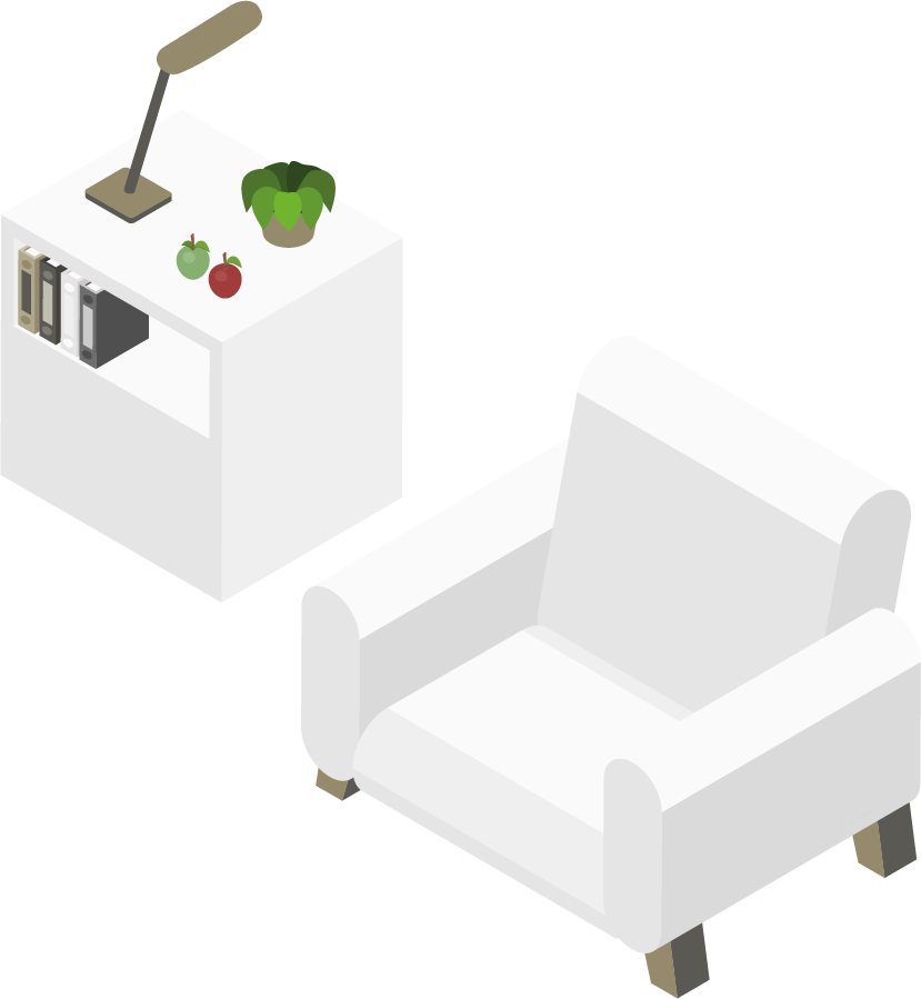 Vista isométrica de un sillón blanco junto a una mesita auxiliar blanca con una lámpara, una planta en maceta