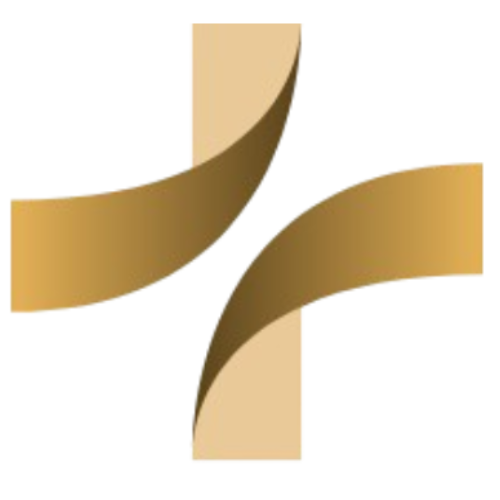 Un logotipo de color dorado con dos cintas curvas que se cruzan formando una cruz estilizada sobre un fondo blanco.