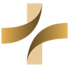 Un logotipo de color dorado con dos cintas curvas que se cruzan formando una cruz estilizada sobre un fondo blanco.