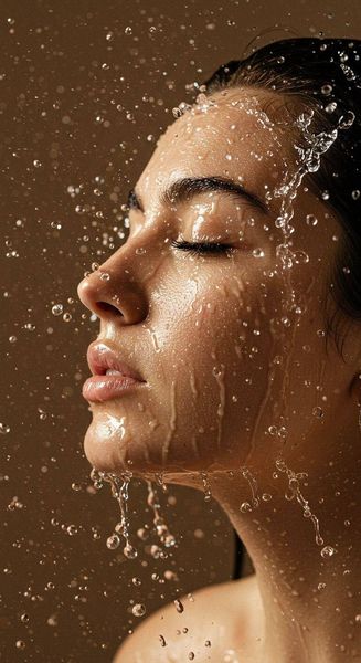 Primer plano del perfil de una persona con los ojos cerrados, con salpicaduras de agua sobre su piel