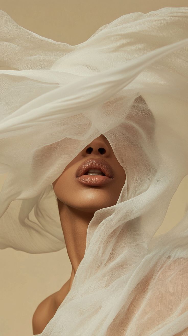 Los labios y la mandíbula de una persona son visibles a través de una tela blanca transparente y fluida que cubre su cabeza