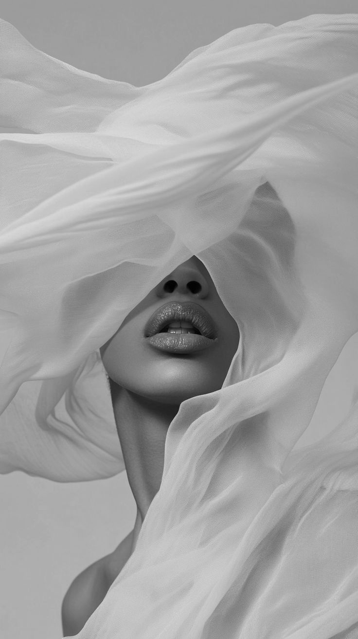 Los labios y la mandíbula de una persona son visibles a través de una tela blanca transparente y fluida que cubre su cabeza