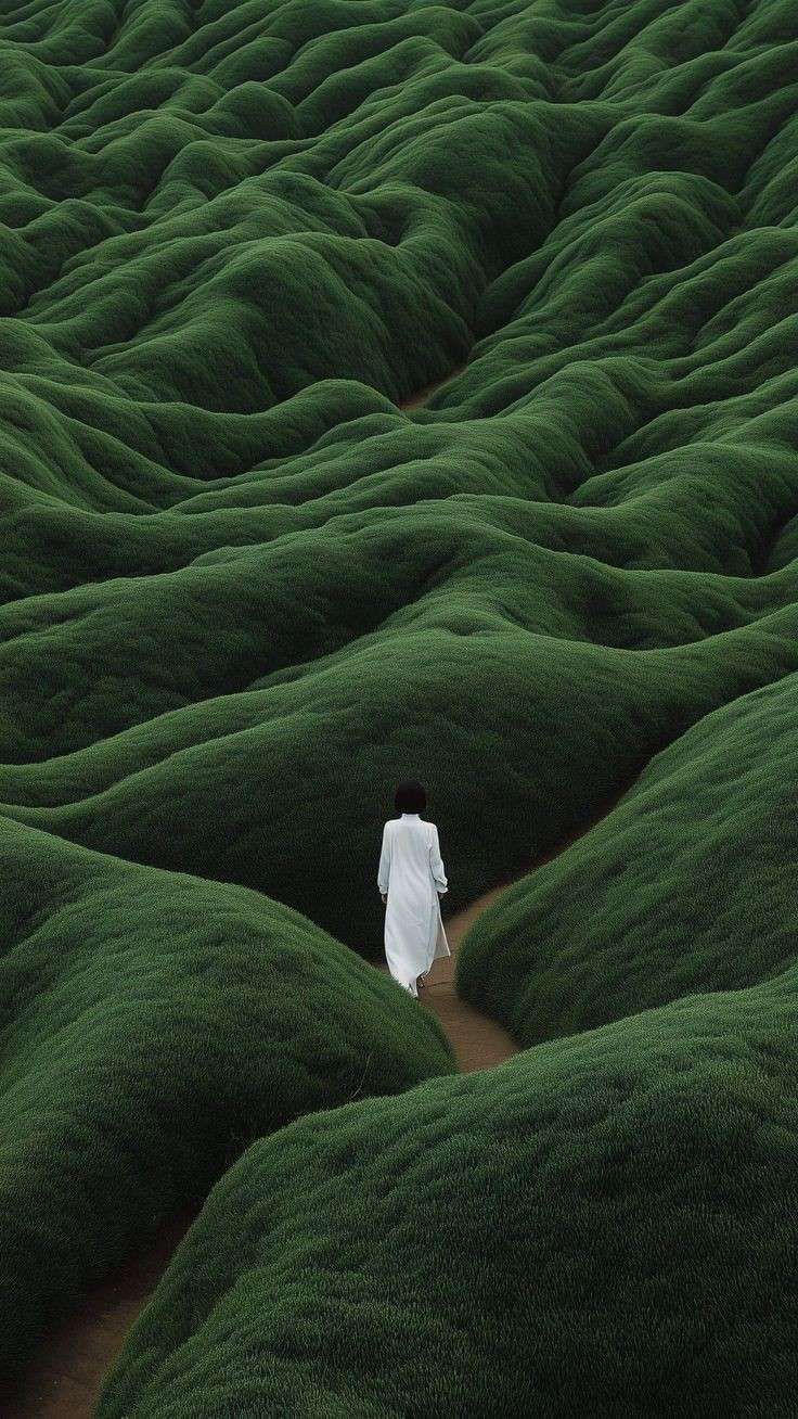 Una persona vestida de blanco camina por un estrecho sendero de tierra que atraviesa colinas exuberantes,