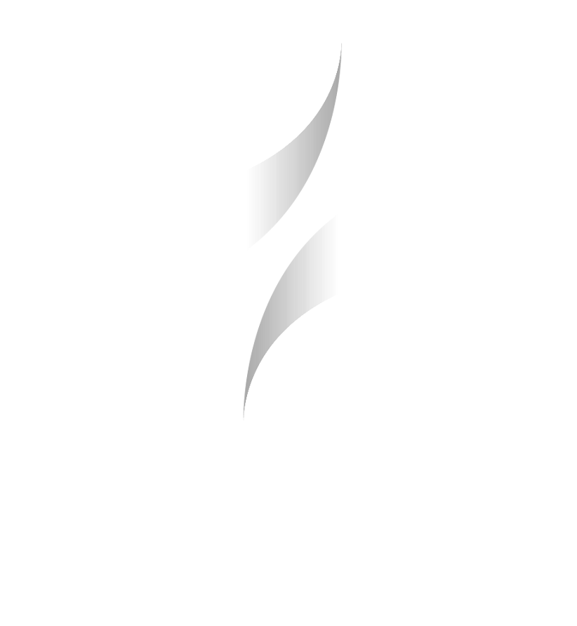 Un logotipo minimalista que presenta dos formas abstractas de hojas o plumas con un degradado plateado