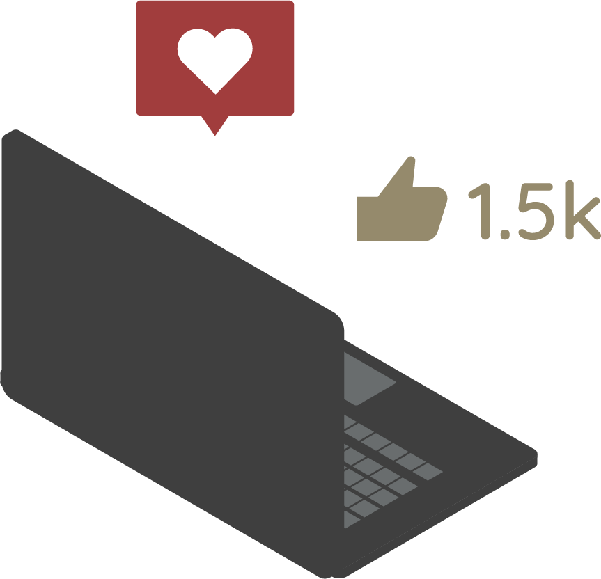 Un portátil gris oscuro con un icono de notificación en forma de corazón rojo y un icono de pulgar hacia arriba 