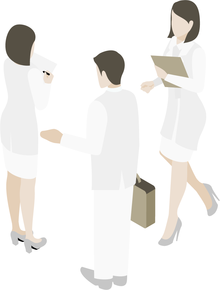 Tres figuras profesionales vestidas con ropa ligera, de pie y conversando, una sosteniendo un documento y la otra un maletín.