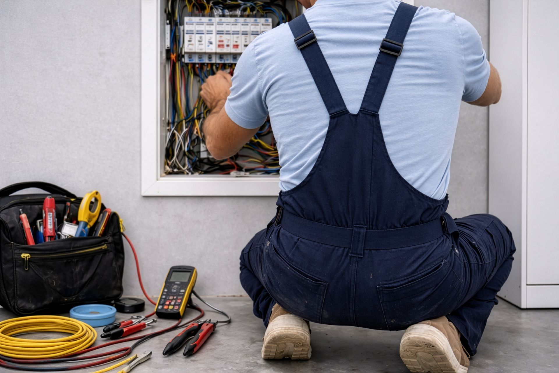 Un électricien en salopette bleue est agenouillé, travaillant sur un tableau électrique ouvert, ses outils posés à proximité sur le sol.
