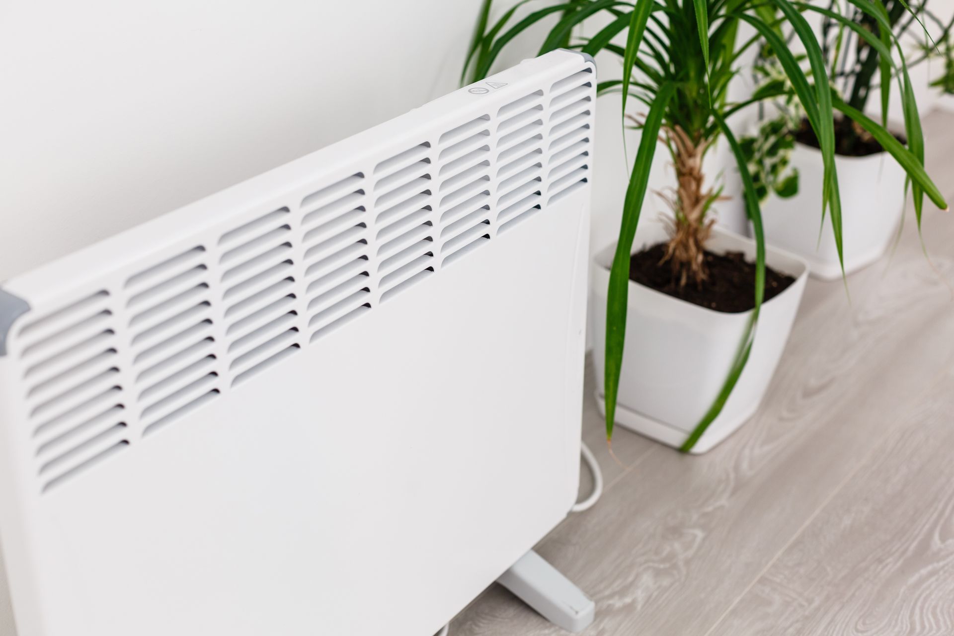 Un radiateur électrique à convection blanc est posé sur un parquet clair, à côté de deux plantes vertes en pot.