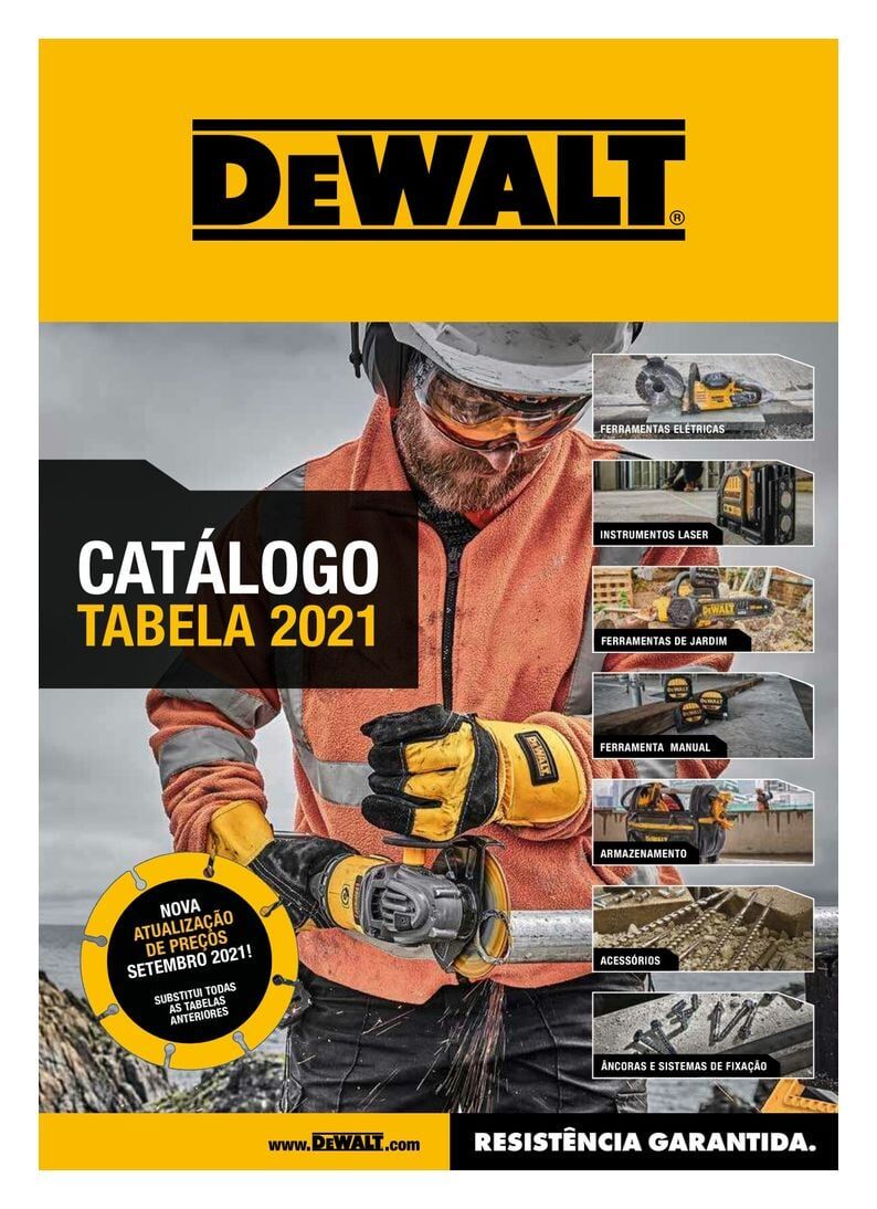 Capa do catálogo da Dewalt. Trabalhador usando uma esmerilhadeira. Esquema de cores amarelo e preto.