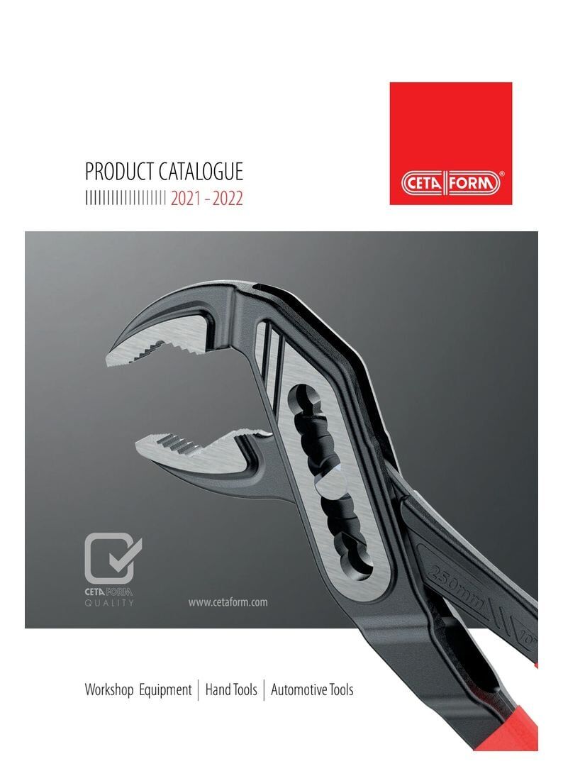 Capa do catálogo de produtos com alicate; logotipo vermelho.