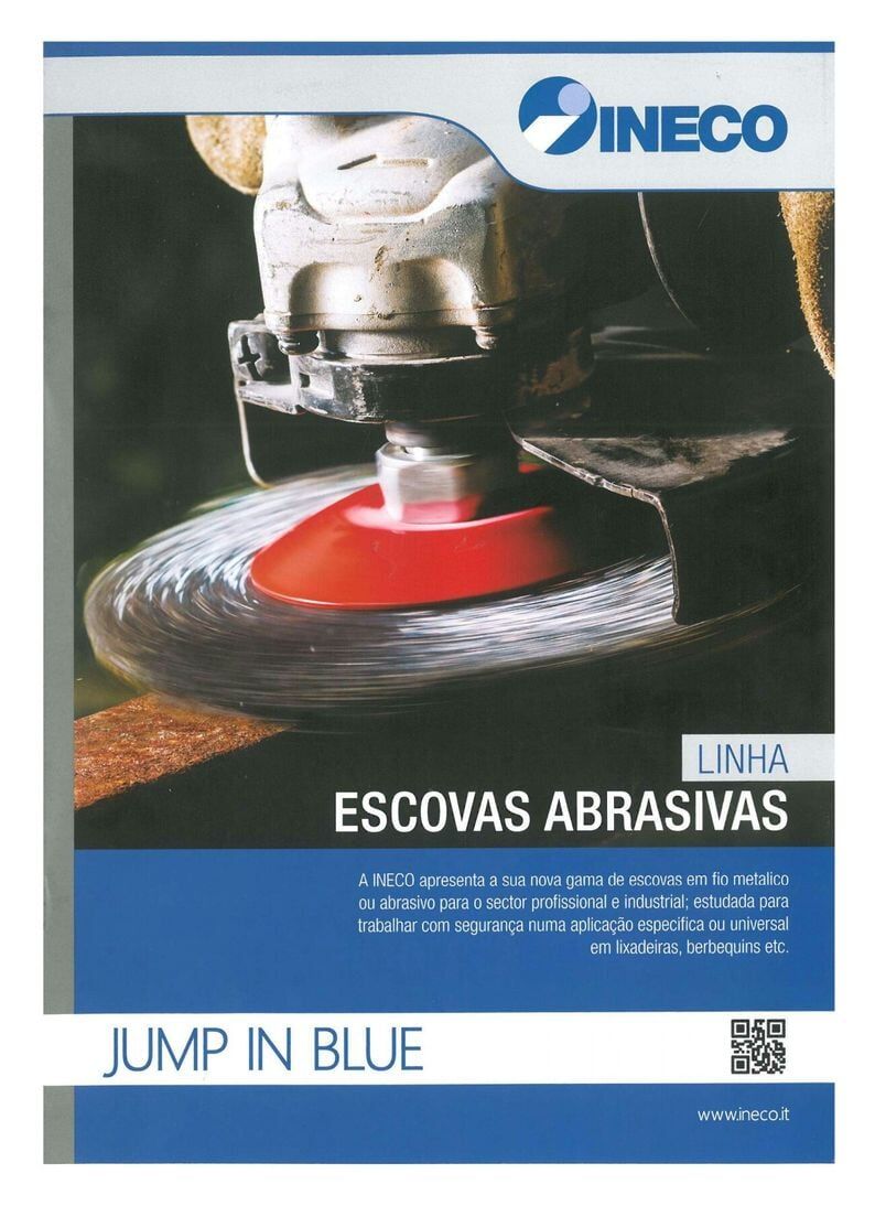 Brochura azul e branca da INEGO mostrando uma escova abrasiva em uso em metal.